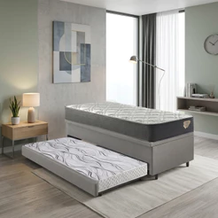 Bicama Box Baú Viúva 120x203 Courino Linho Cinza com Colchão Adapto Molas Ensacadas Ecoflex