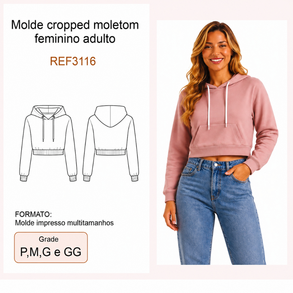 REF3116 Cropped Moletom Feminino com Capuz e Bolso Canguru multitamanhos