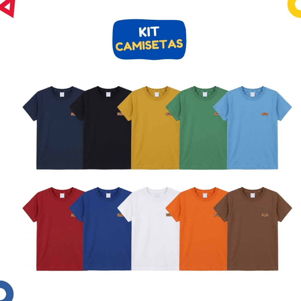 5 Camisetas Kit Sortido Menino Básicas Manga Curta Infantil Verão Lisas 1 ao 14