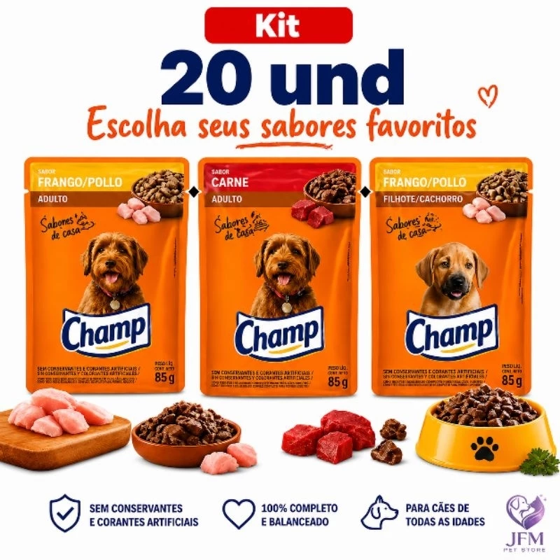 CHAMP 20 UND Carne/Frango e Filhote - Sachê para Cães 85g