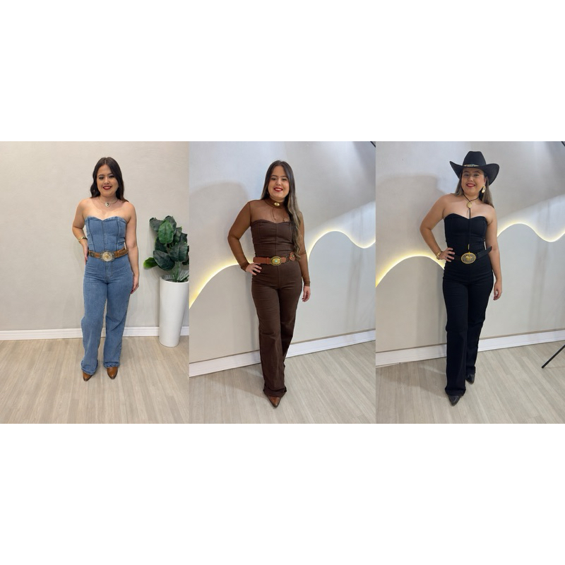 Macacão Jeans Feminino Pantalona Tomara que Caia Rodeio Country Elegante Cintura Marcada