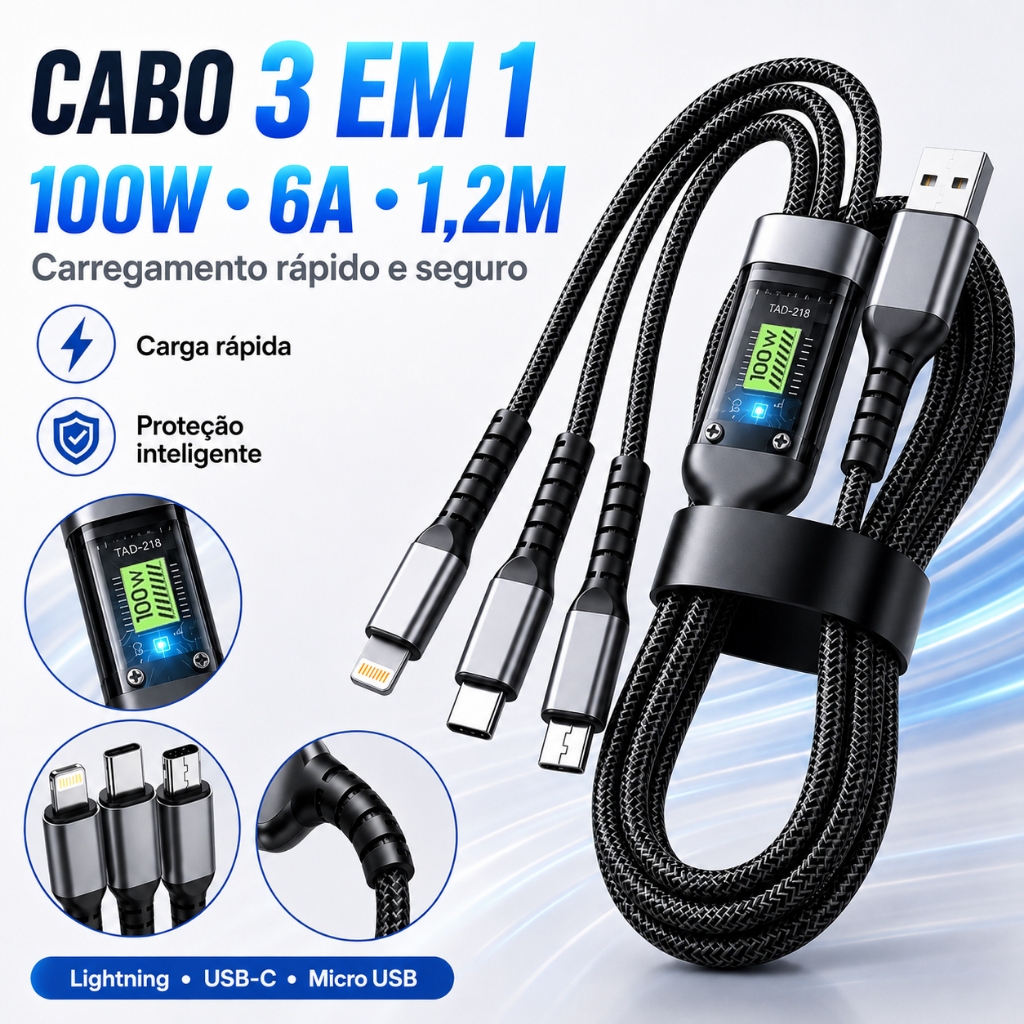 Cabo De Carregador 3 Em 1 100W 6A Tipo C Lightning Micro USB Carga Rápida Liga De Zinco 1,2M