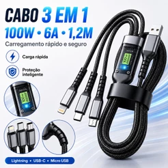 Cabo De Carregador 3 Em 1 100W 6A Tipo C Lightning Micro USB Carga Rápida Liga De Zinco 1,2M