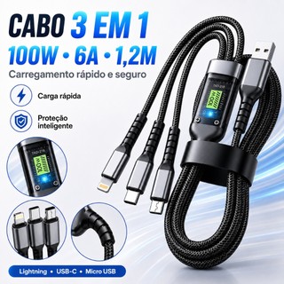 Cabo De Carregador 3 Em 1 100W 6A Tipo C Lightning Micro USB Carga Rápida Liga De Zinco 1,2M