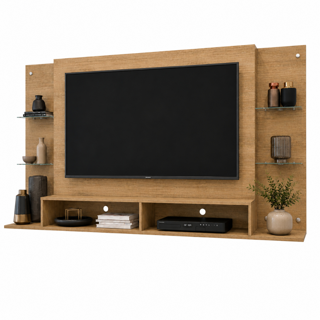 Painel TV 60" com prateleiras de vidro Brasil Multimóveis BR2739 Madeirado