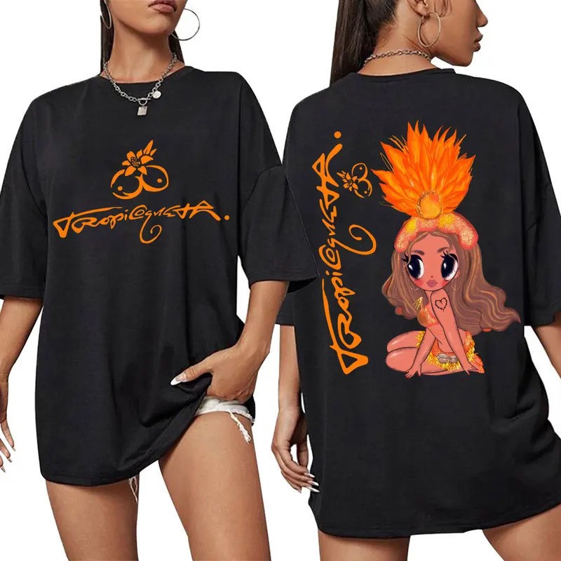 Camiseta Casual Diária 100% Algodão Solta Confortável Estampa Cartoon Tropical Feminina Tecido Leve Envio Imediato