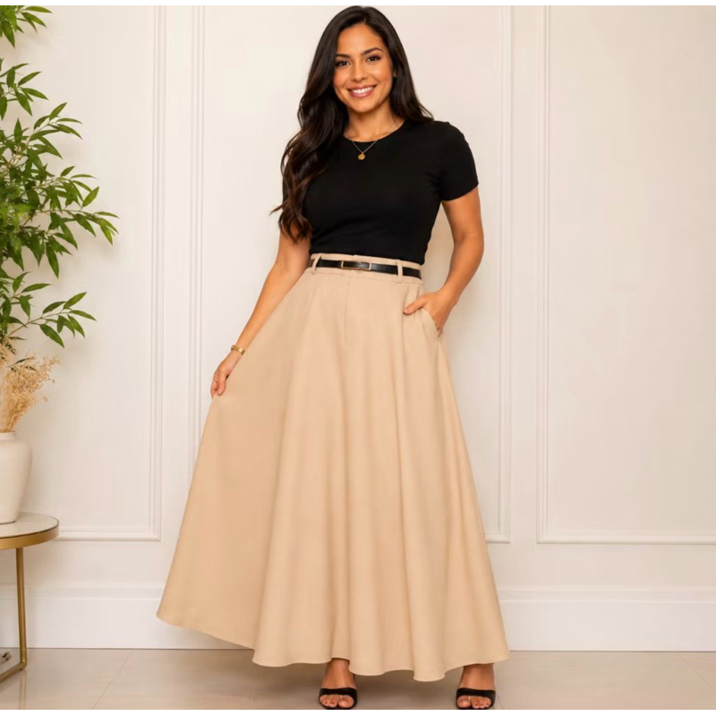 SAIA RODADA LONGA FEMININA ALFAIATARIA MODA EVANGÉLICA CASUAL BÁSICA INVERNO CINTURA ALTA ELEGANTE TENDÊNCIA