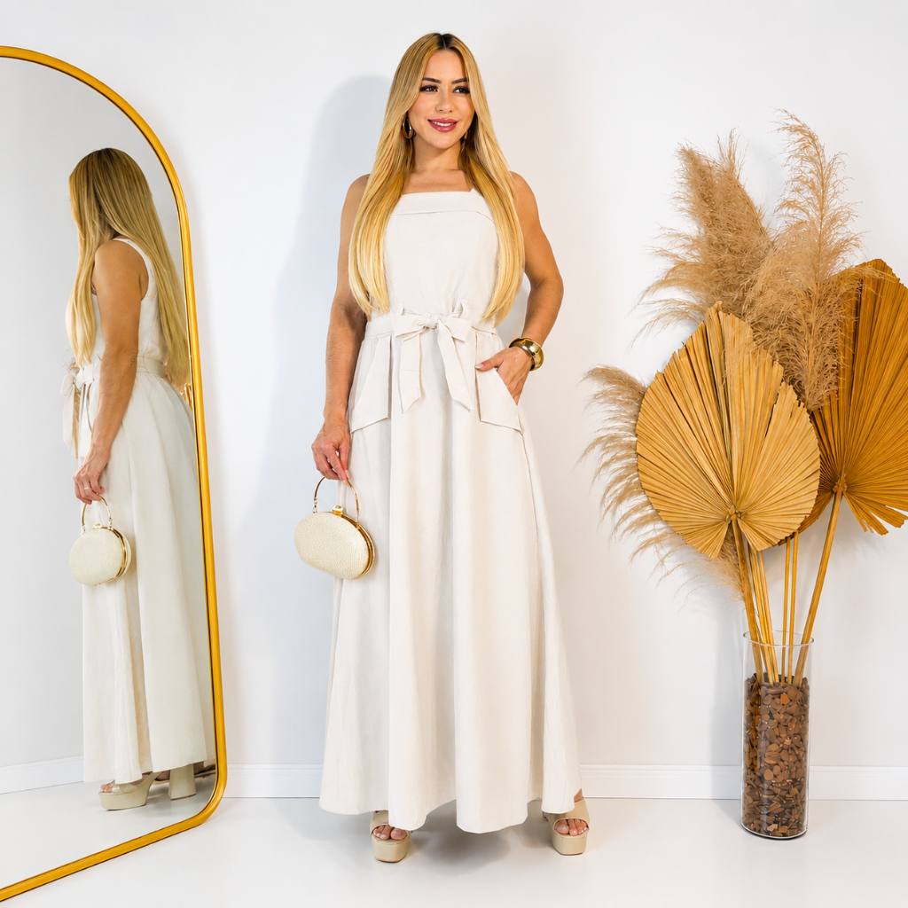 Vestido Longo Feminino com Bojo Tecido Marant Bolsos Costas em Lastex Alças Reguláveis Amarração Frente e Costas Elegant