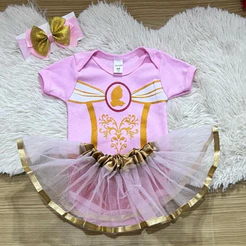 Body Bela Adormecida Bebê com Saia e Laço | Fantasia Temático Princesa Aurora Infantil para Festa e Mesversário