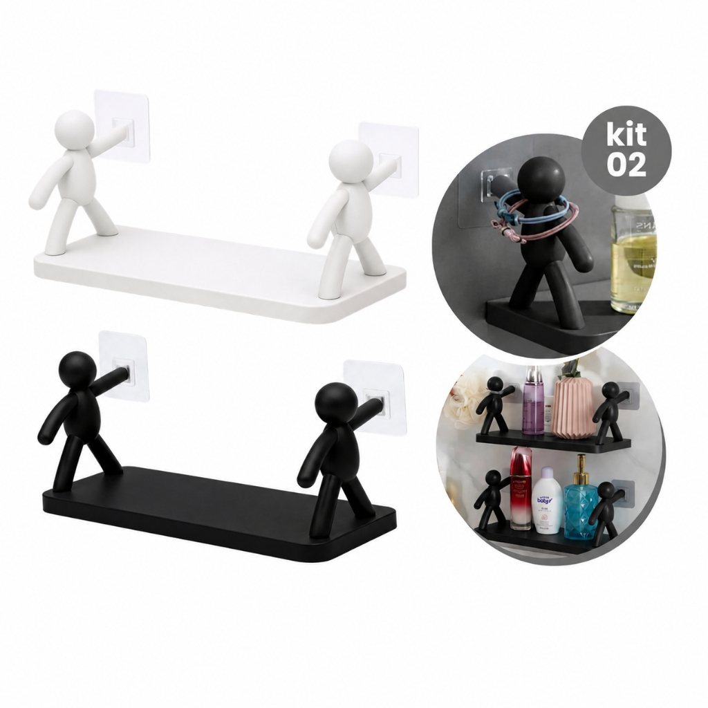 Prateleira Estante Bonequinho Buddy plástico com suporte decorativa banheiro cozinha C/ Adesivo