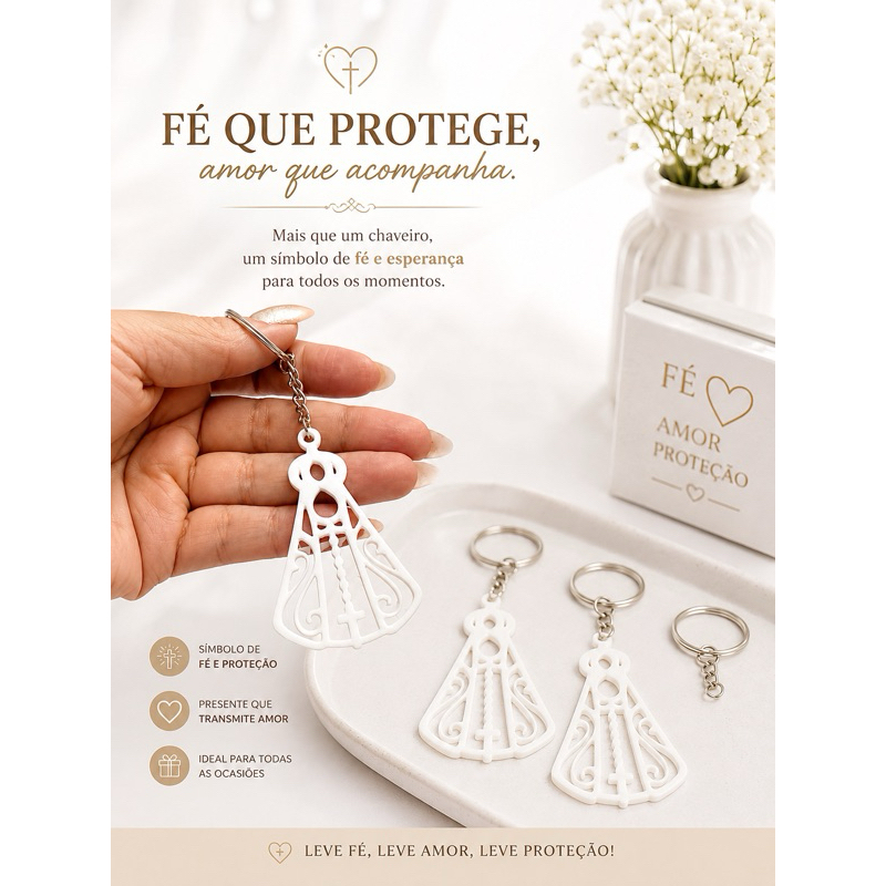 Chaveiro Nossa Senhora Aparecida Vazado 3D Branco | Lembrancinha Religiosa Católica | Presente de Fé