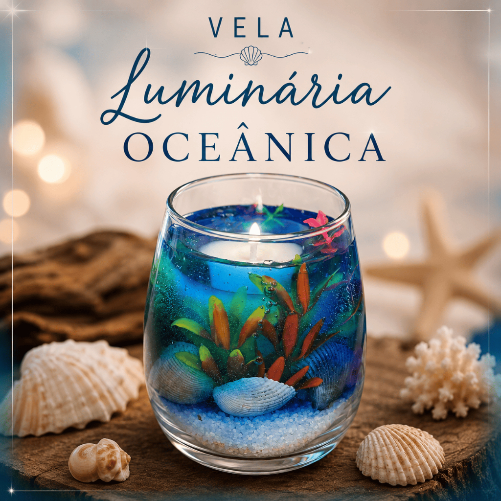 Vela Luminária Oceânica Artesanal 350g | Decoração Fundo do Mar com Conchas e Areia  Vela - Oceânica Decorativa