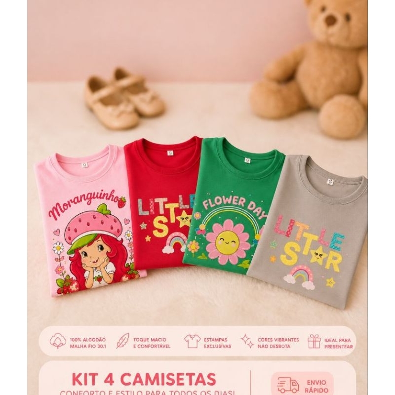kit com 4 Camisetas Blusas  Feminina infantil Estampas Divertidas Sortidas