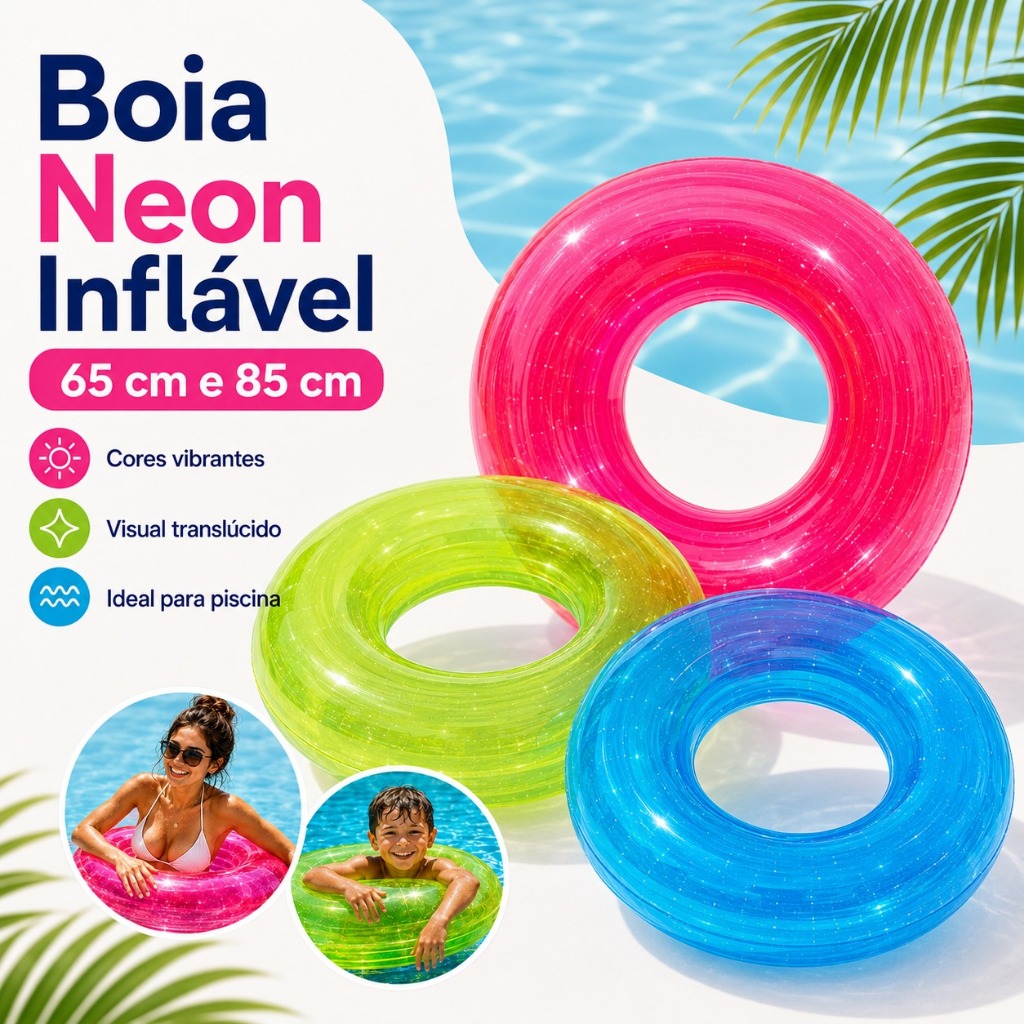 Boia Cintura Neon 85/60 cm com Redonda Pool  Party Transparente Praia Piscina