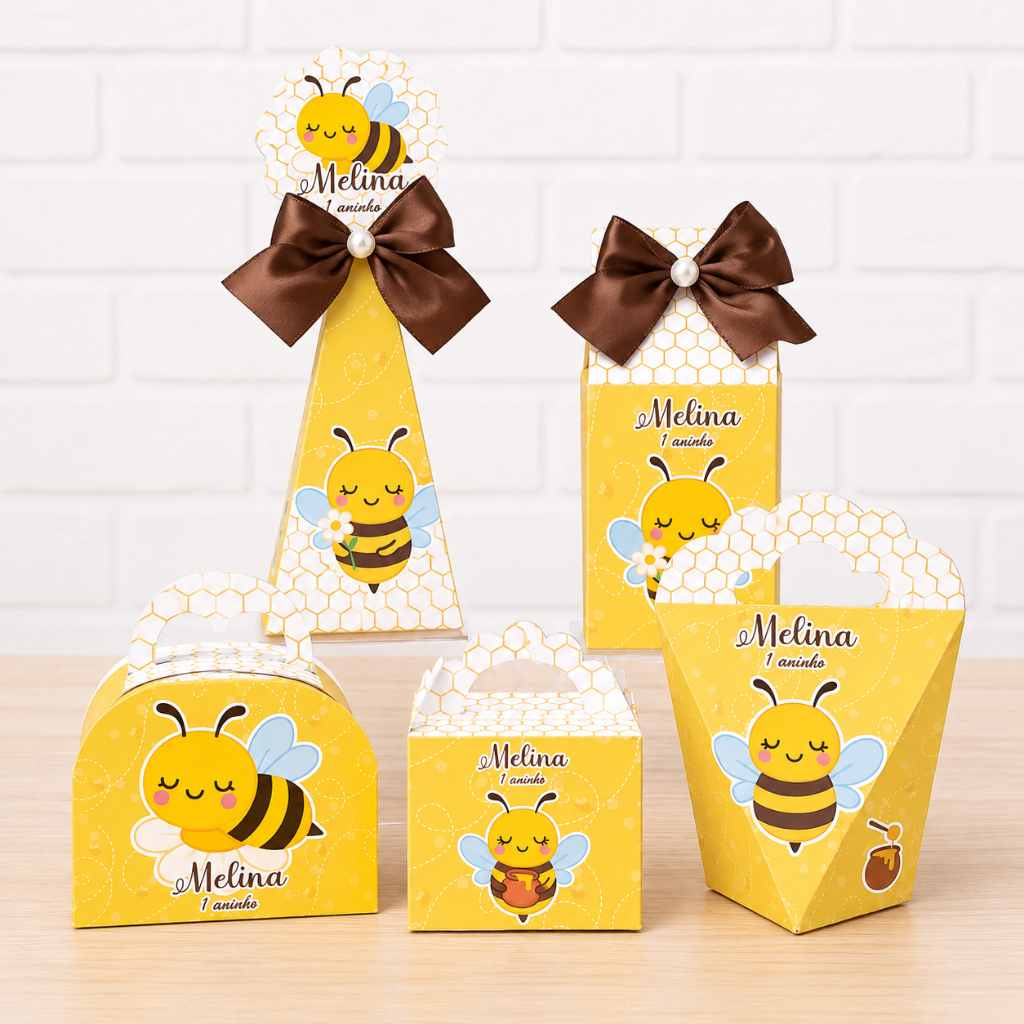 Kit Festa Personalizado Abelhinha | Caixinhas para Lembrancinhas | Aniversário Infantil Menina
