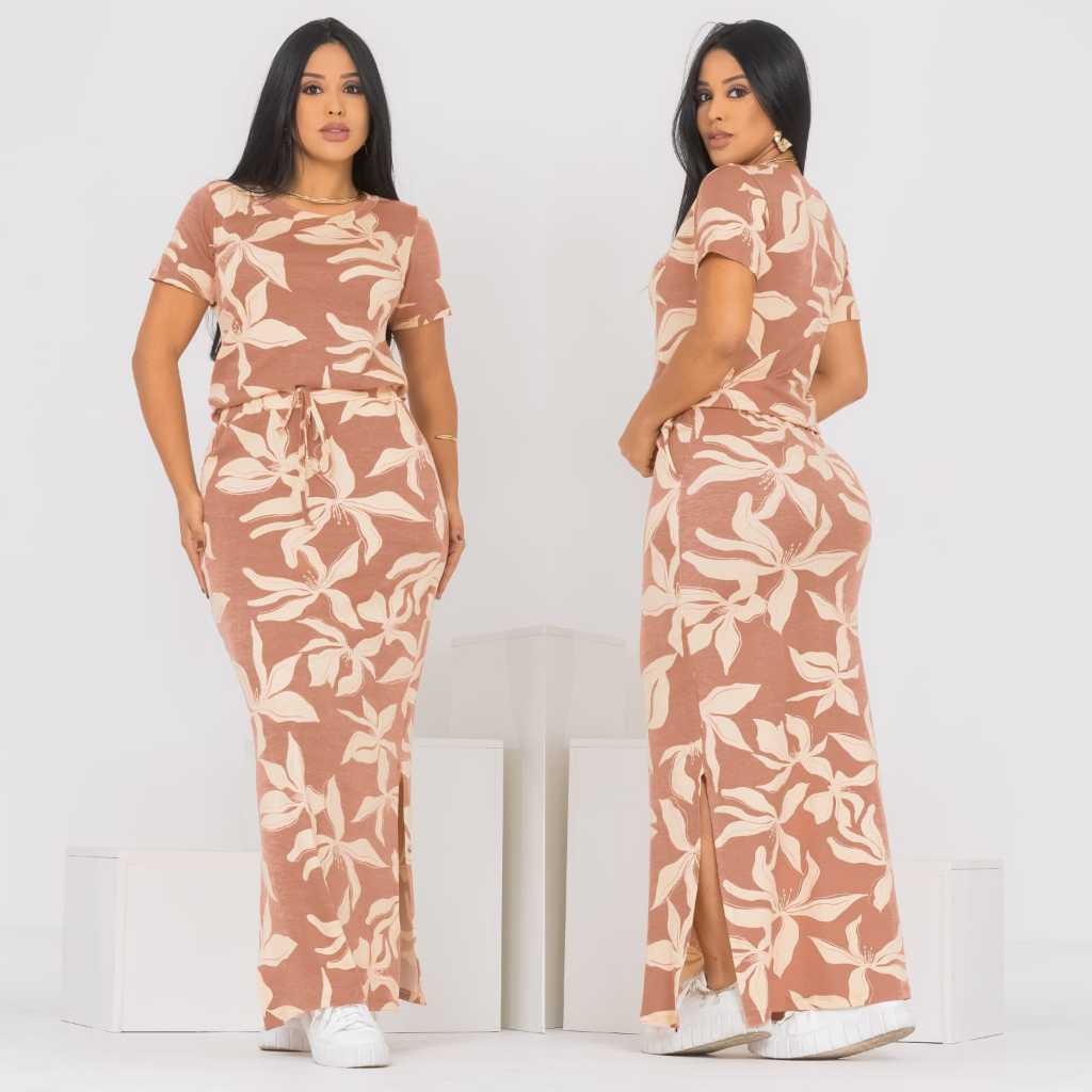 Conjunto Feminino Viscolycra Premium Blusa e Saia Longa com Fenda | Casual Elegante | Veste 38 ao 44