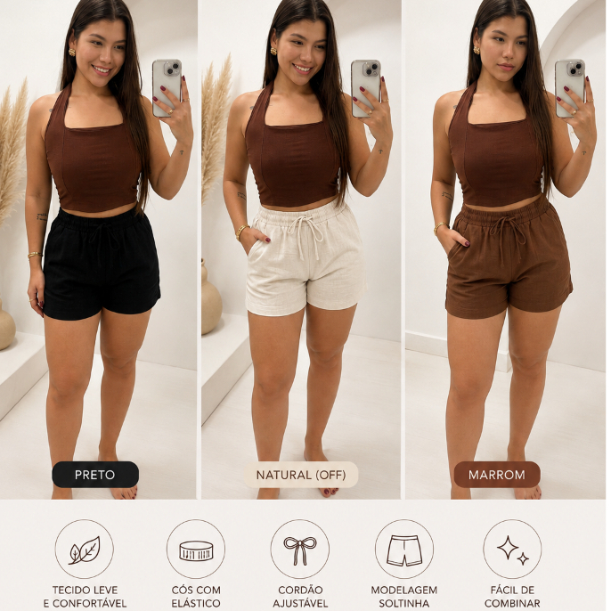 Short Feminino de Linho com Elástico na Cintura e Cordão – Casual Verão