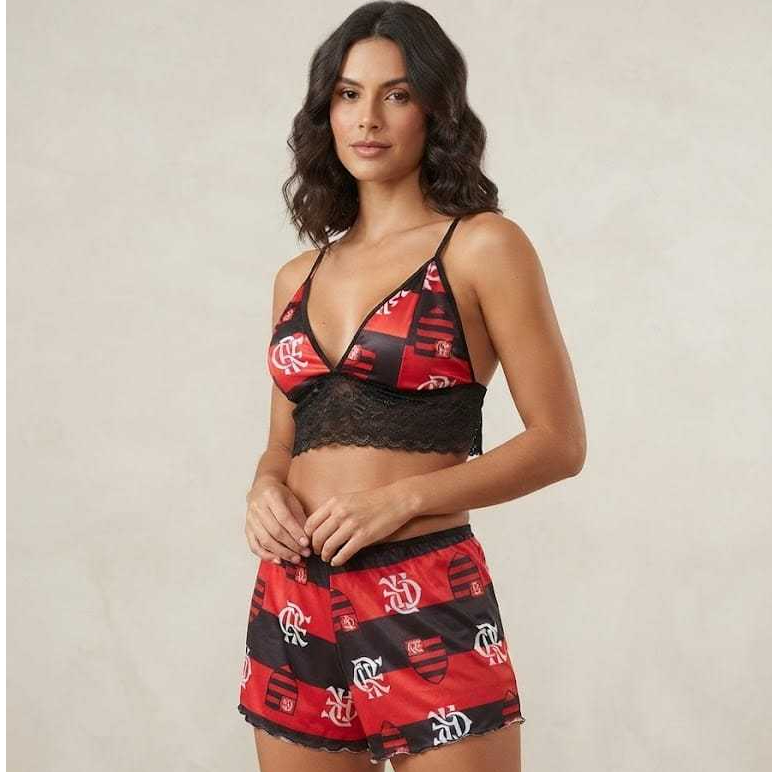 Short Doll Pijama Time Suede Top Cropped Rendado + Short Moda Lingerie Feminina Conforto Estilo Para Dormir
