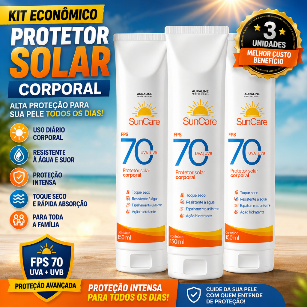 Kit 3 Protetores Solares Corporais SunCare FPS 70 150ml – Alta Proteção UVA e UVB Toque Seco