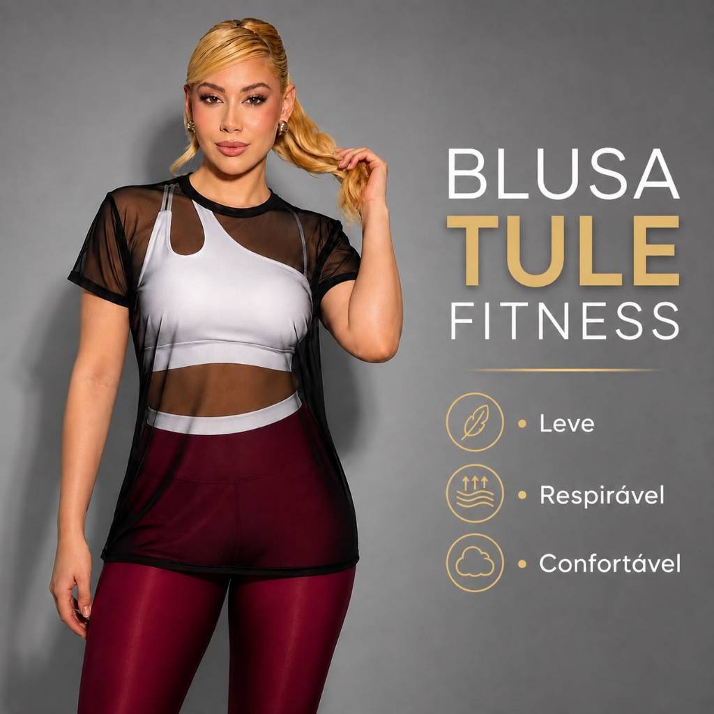 Blusa Tule Feminina Dry Fit Academia Fitness Regata Respirável Musculação Corrida Caminhada Crossfit Leve Manga