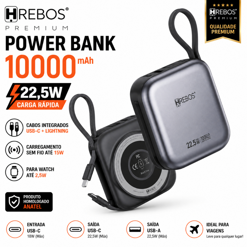 Power Bank Hrebos 10000mAh 22,5W Turbo Carregador Portátil com Cabos Integrados USB-C Lightning e Wireless Watch