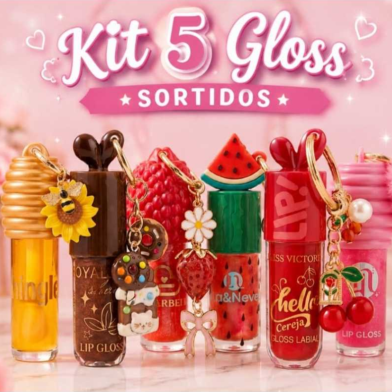 Kit 5 Gloss Chaveiro Fofo Sortido Hidratante Gloss Labial