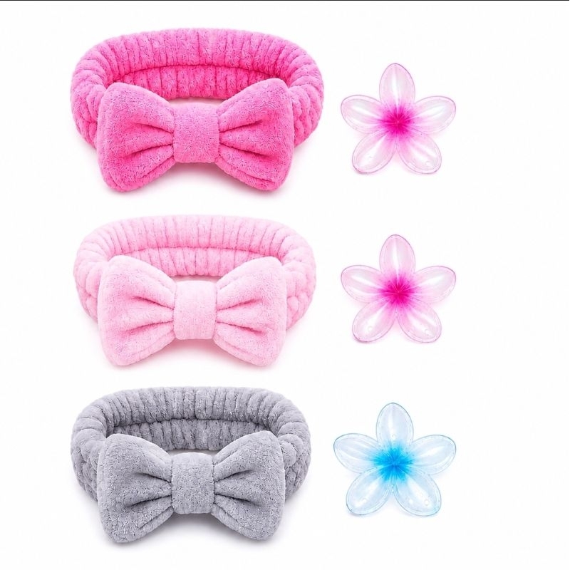 Kit Faixa para Skincare + Presilha Flor | Faixa de Cabelo Spa Maquiagem Lavar o Rosto Microfibra Macia