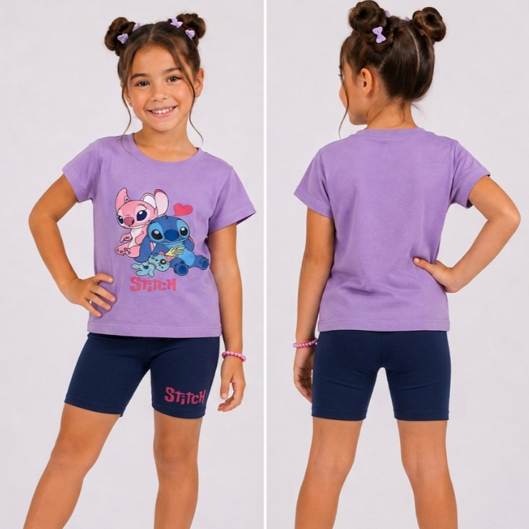 Conjunto Feminino Infantil Stitch, Bermuda Cotton e Blusinha Viscolycra