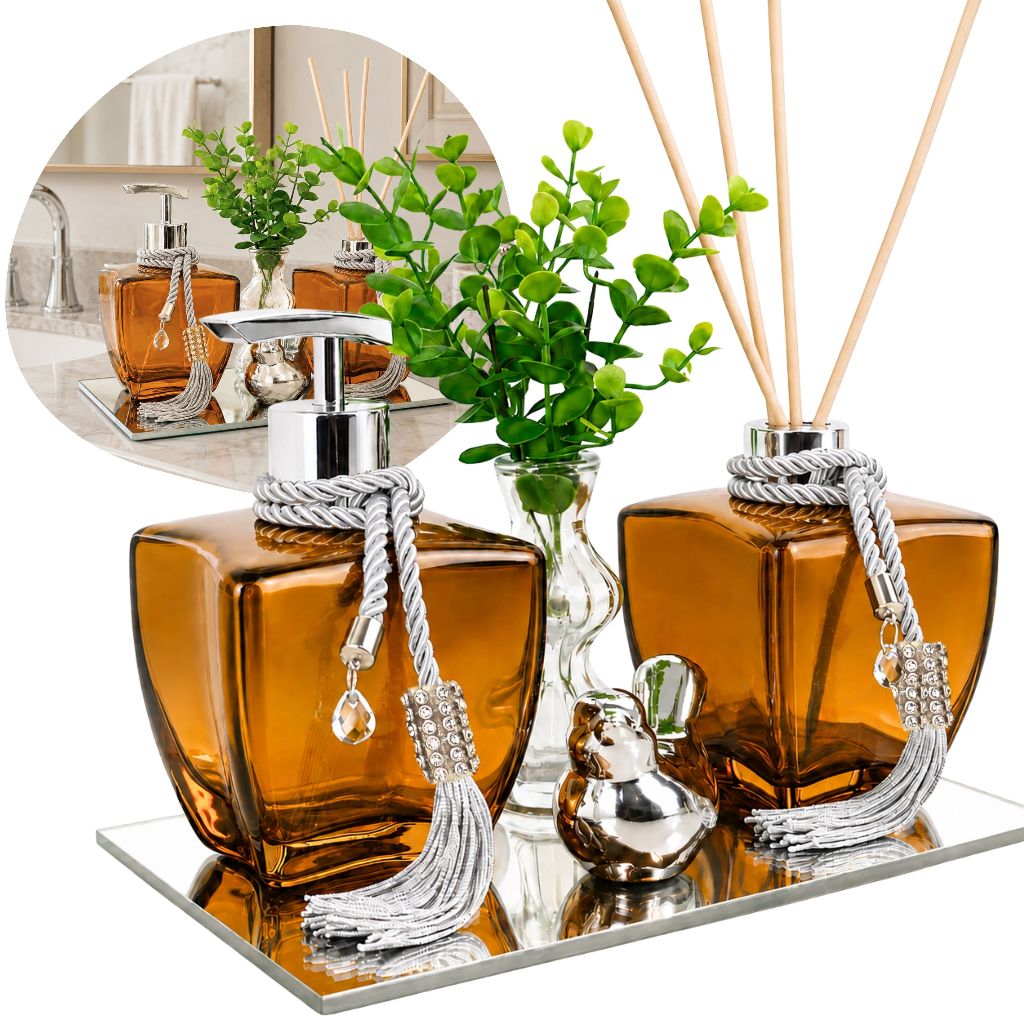 Kit Banheiro Lavabo Vidro Degrade Porta Sabonete e Difusor Luxo C/ Bandeja Espelhada · foto 2
