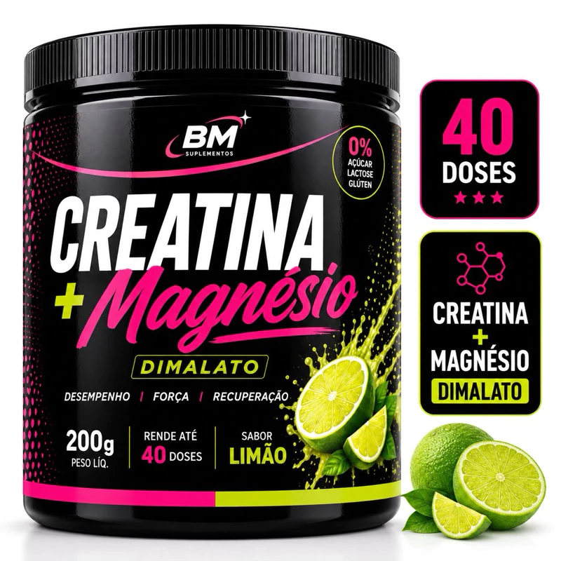 Creatina Monohidratada + Magnésio Dimalato 200g 40 Doses Sabor Limão Suplemento em pó BM — imagem 1