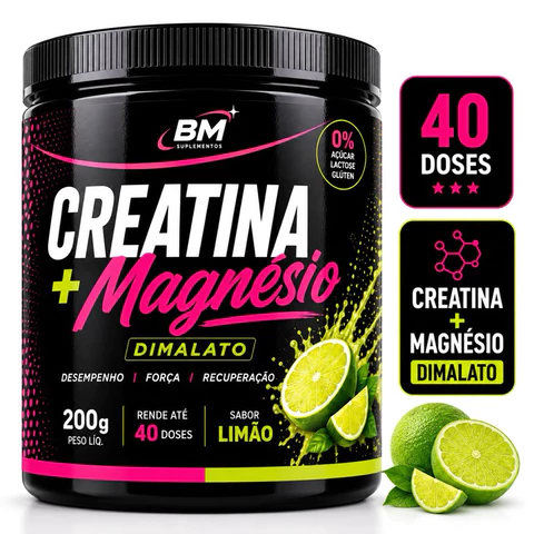 Creatina Monohidratada + Magnésio Dimalato 200g 40 Doses Sabor Limão Suplemento em pó BM
