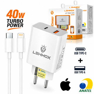 Carregador Iphone Turbo Fonte 40W USB e USB-C + Cabo Lightning Rápido Iphone 6 7 8 X XR XS 11