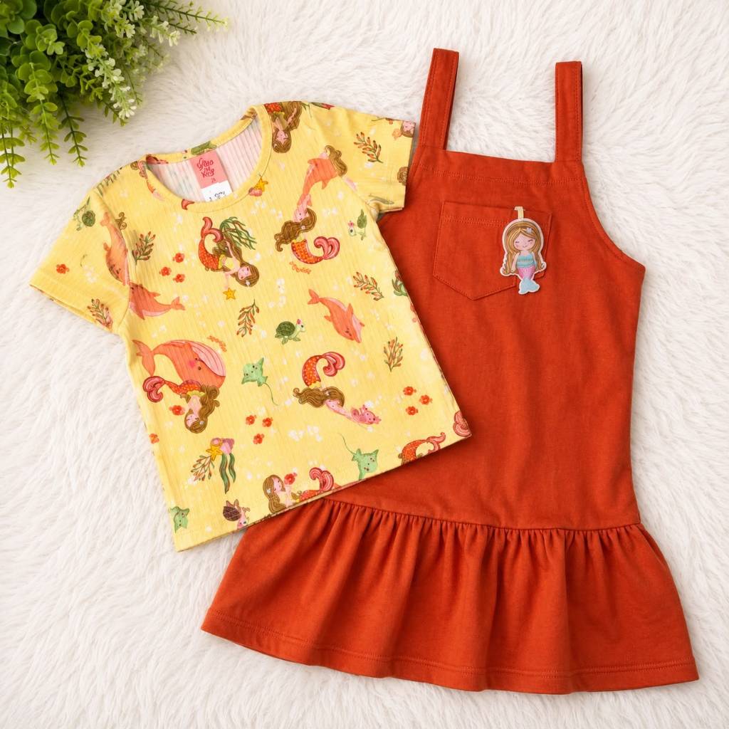 Conjunto Infantil Feminino Sereia Vestido Jardineira com Blusa para Menina
