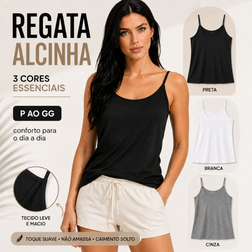 Regata Feminina Alcinha Viscose Premium com Elastano, Básica Conforto  Preto Cinza Branco1 a 3 Peças