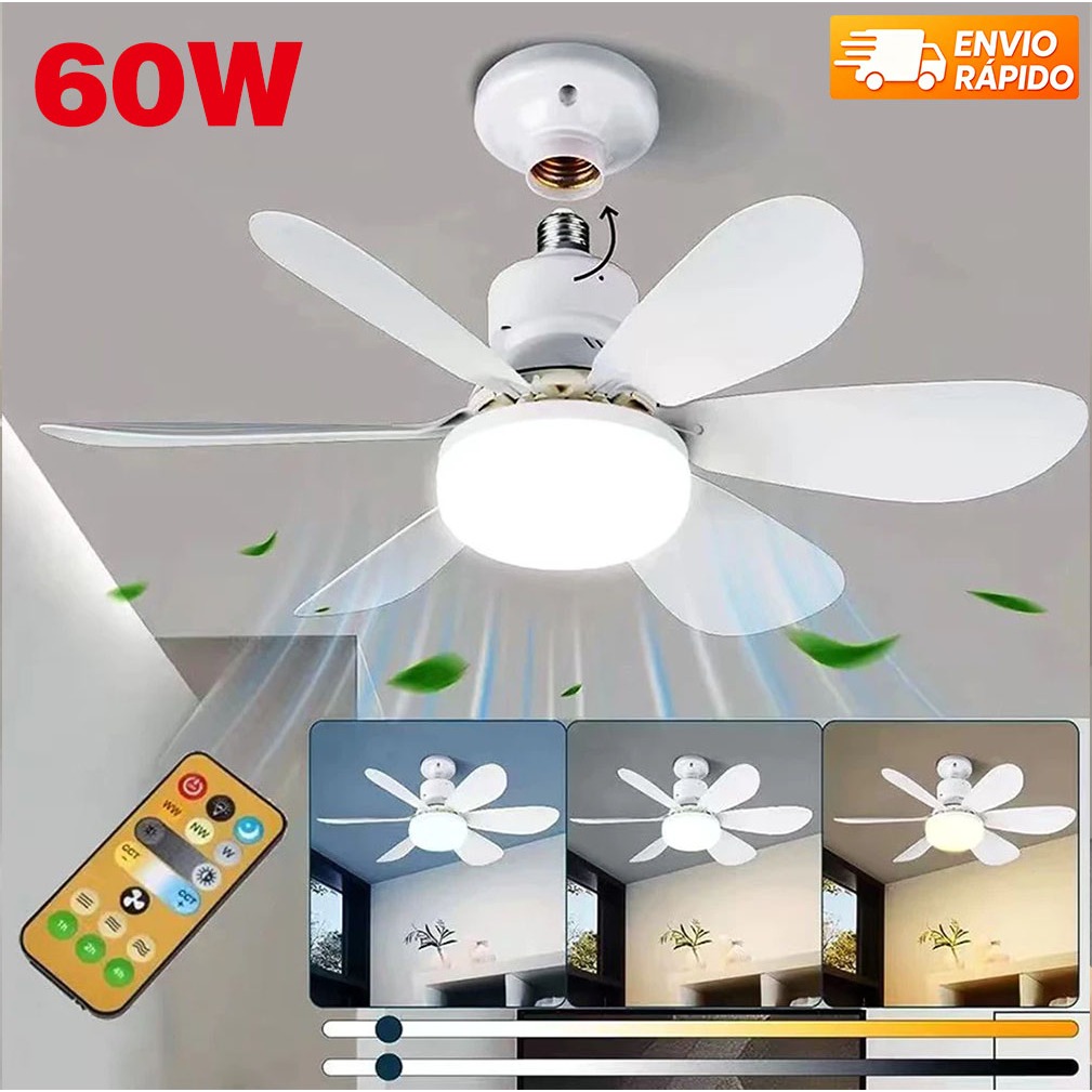 🌬️ Ventilador de Teto Turbo Silencioso Oval | 60W 6 Pás LED 3 Cores E27 Controle Timing Bivolt 🚚 Envio Rápido