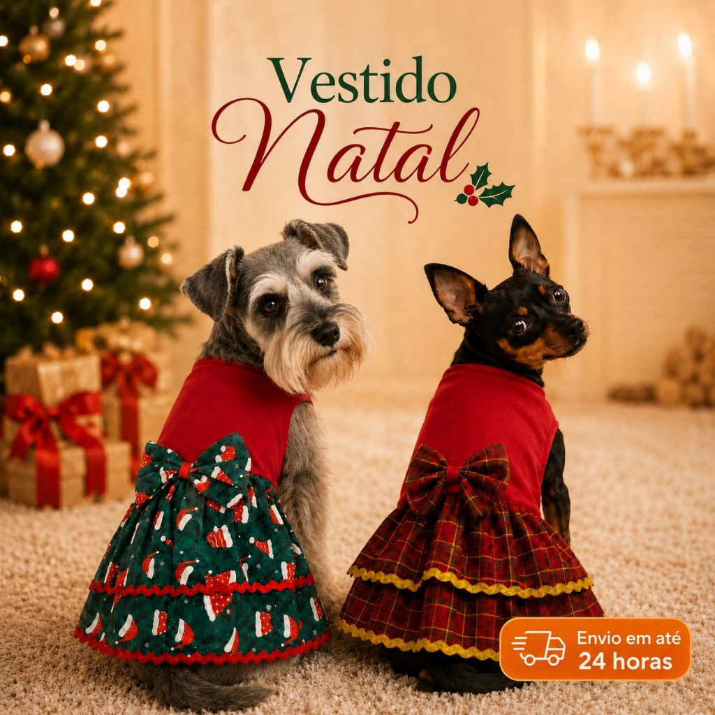 Roupa Pet Natalina Edição Luxo Com Babador e Vestido Temático Cachorro e Gato Edição Limitada Natal