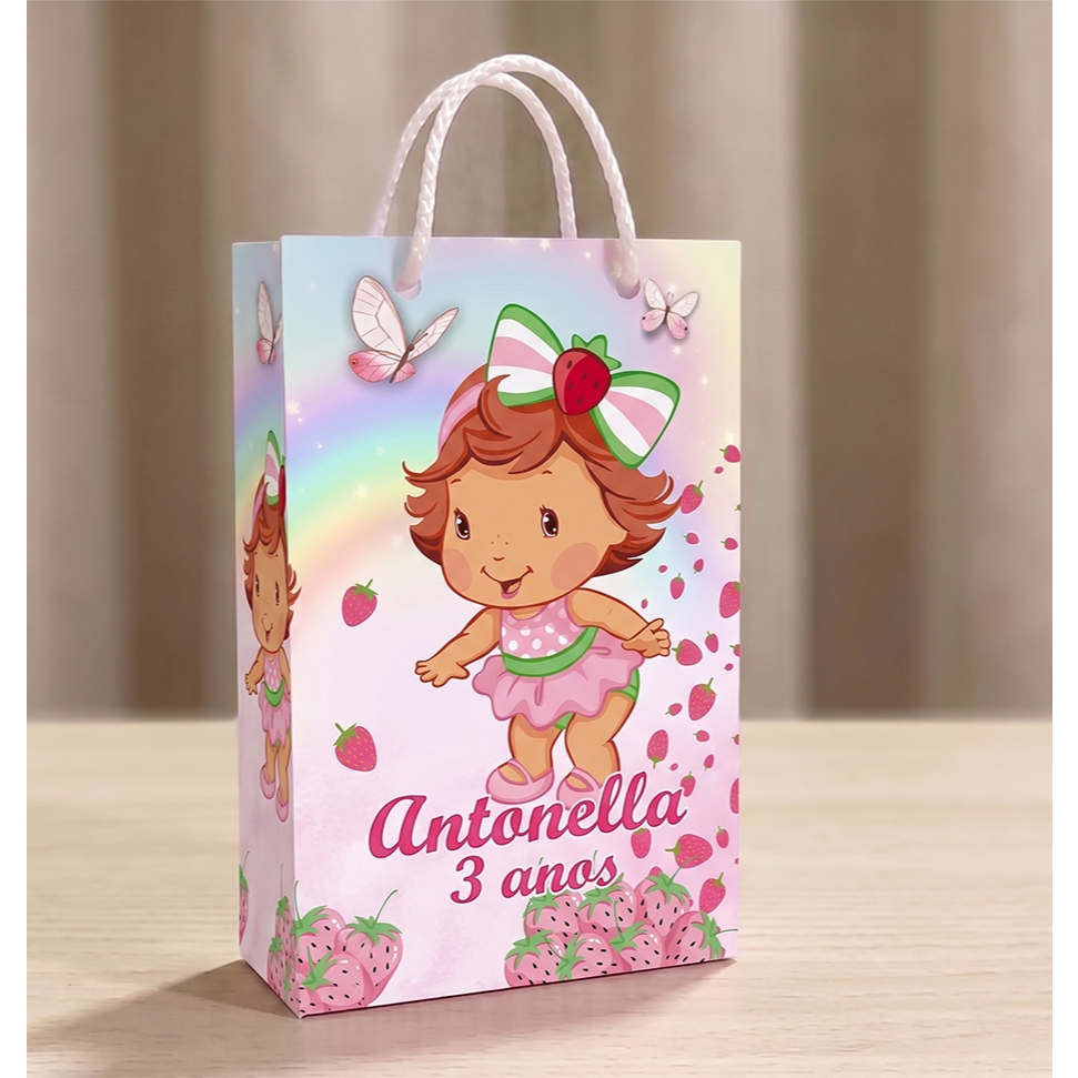 20 sacolinha surpresa lembrancinha aniversário personalizada moranguinho 10x18