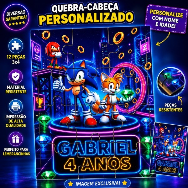 Kit 8 A 48 Quebra-Cabeças MDF 10x15 Sonic Ouriço Azul Personalizado  Nome e Idade Lembrancinha de Aniversário Infantil