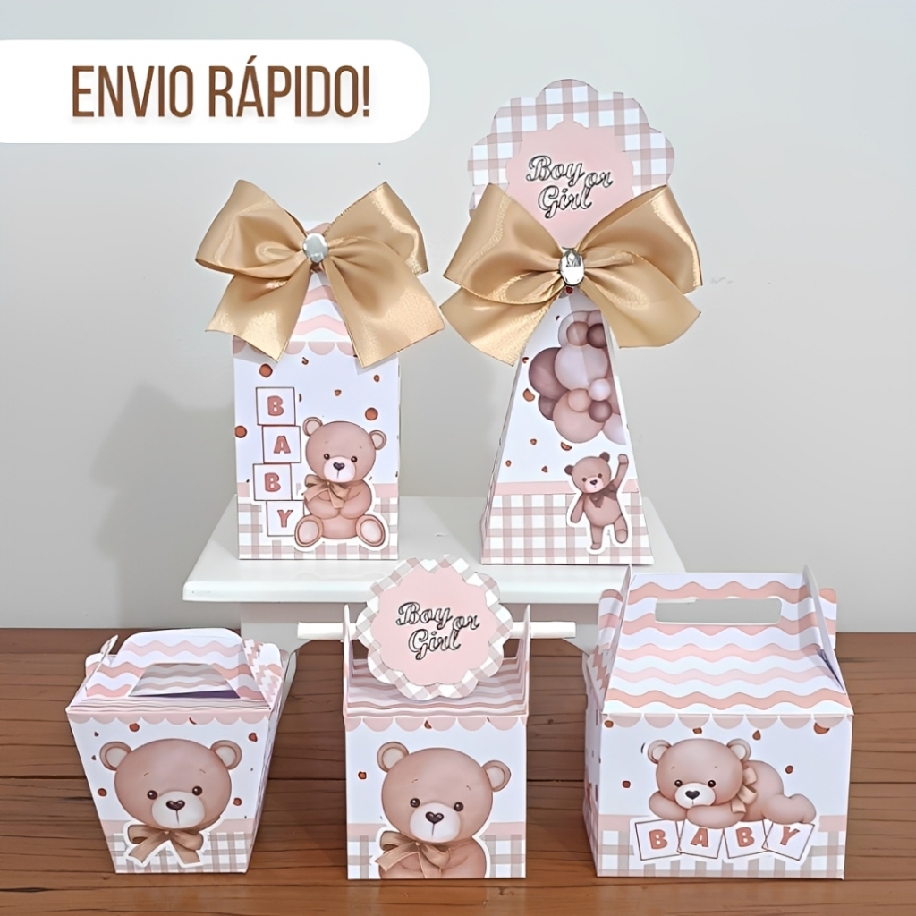 KIT FESTA - Chá Revelação URSINHO BEGE NEUTRO - Caixinhas Lembrancinhas Personalizadas