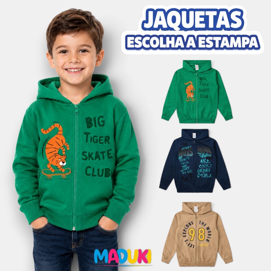 Jaqueta Infantil Juvenil Menino Inverno Premium com Ziper e Capuz 1 a 16
