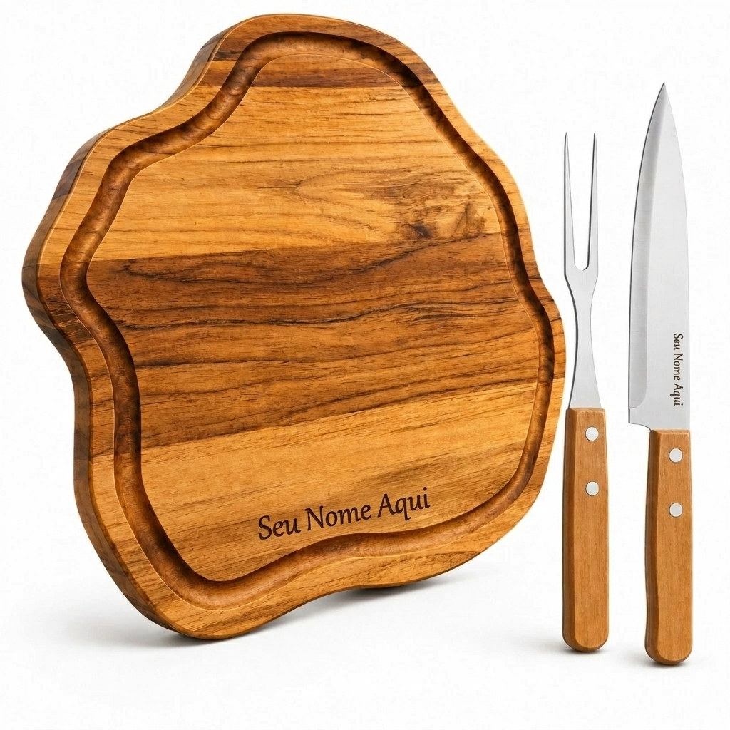 kit churrasco ​personalizado tábua premium faca e garfo inox