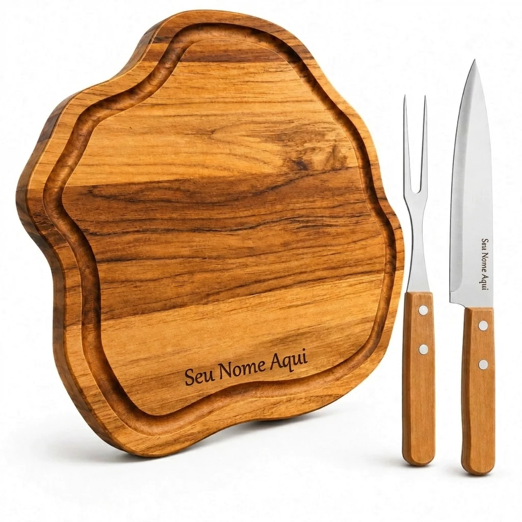 kit churrasco personalizado tábua premium faca e garfo inox — imagem 1