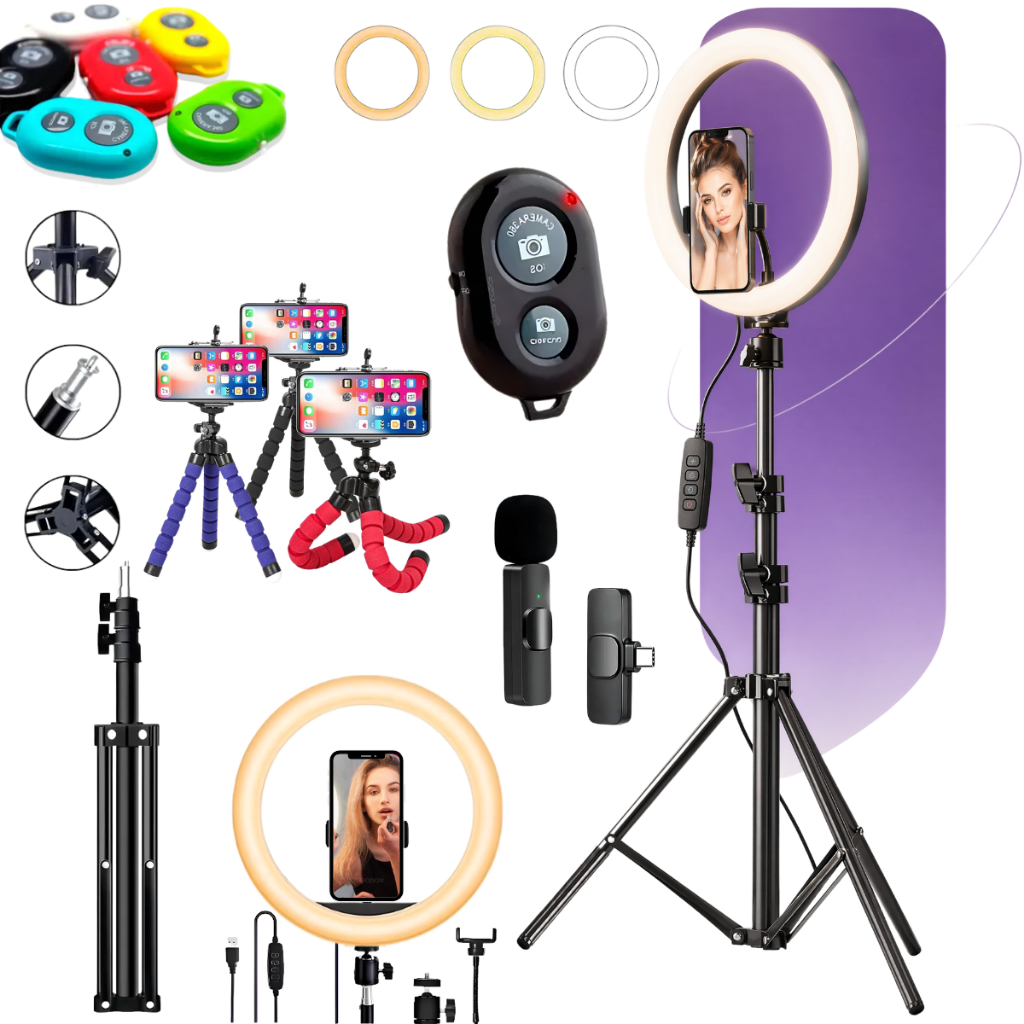 Kit Youtuber Com Tripe 2.10 Iluminador Ring Light Celular Microfone Lapela Sem Fio Android ou IPhone