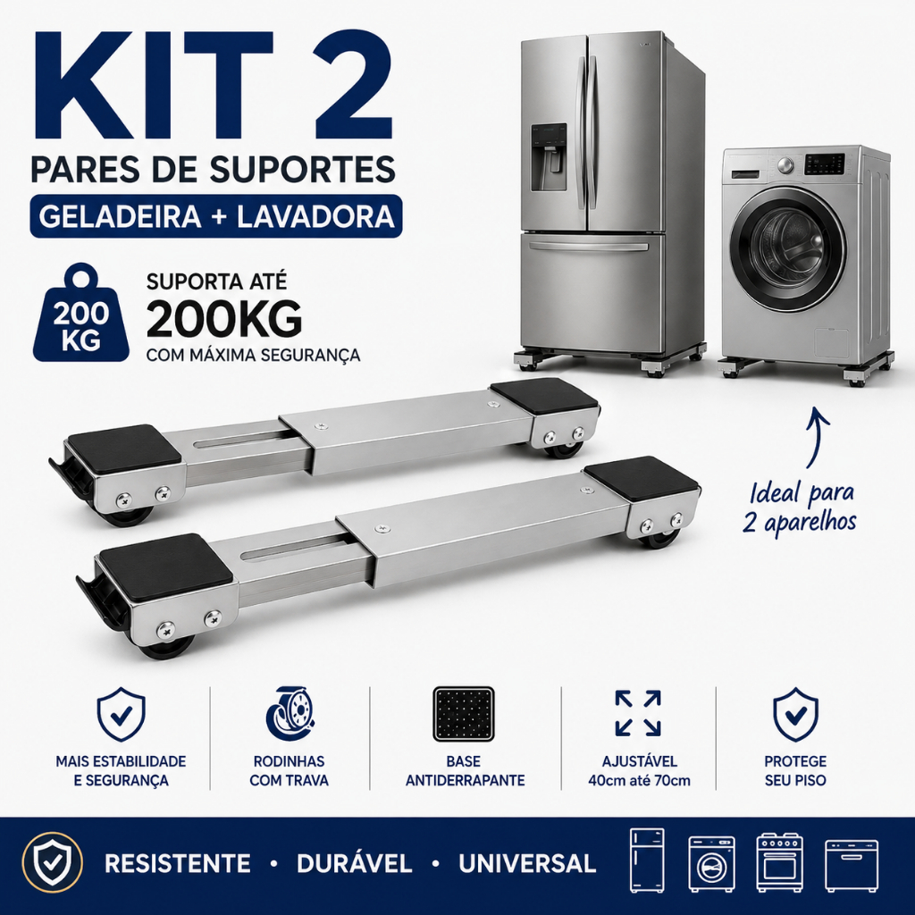 Kit 2 Pares Suporte com Rodinhas para Geladeira Máquina de Lavar Fogão Freezer Base Ajustável até 200kg