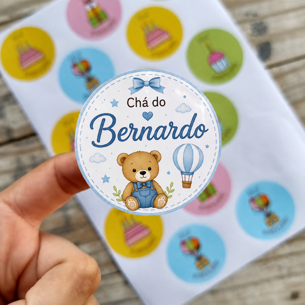 Adesivo Chá de Bebê Personalizado com Nome 4x4cm | Chá Revelação, Lembrancinha e Aniversário