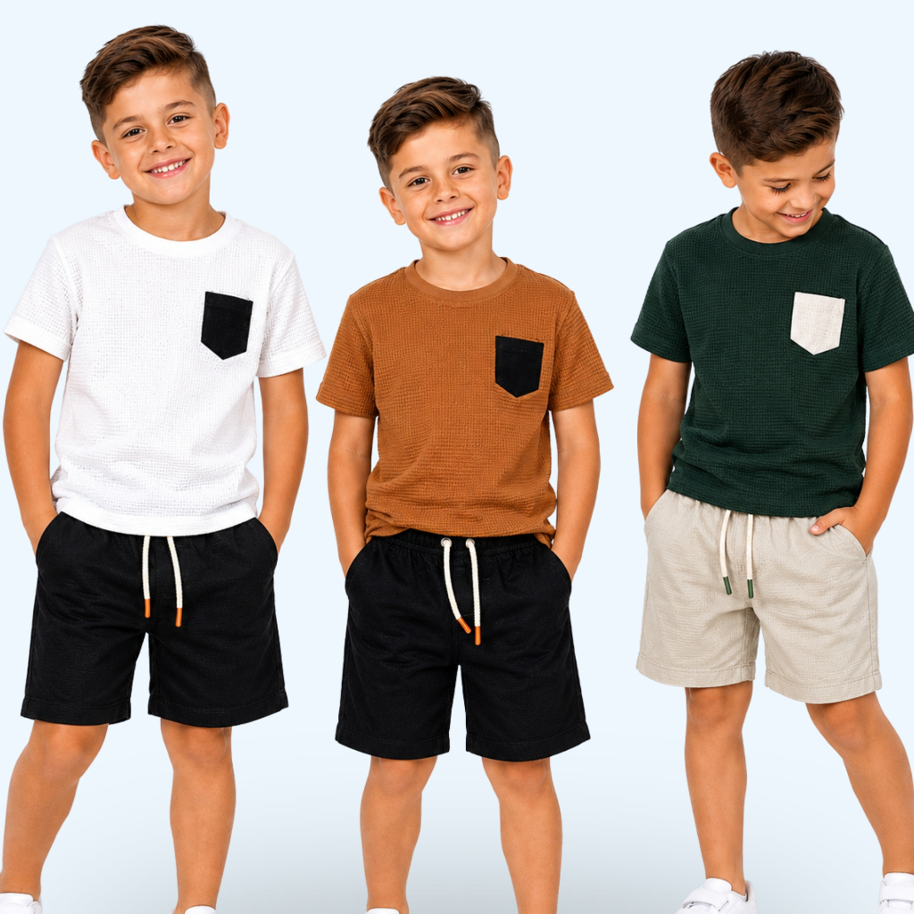 Conjunto Infantil Menino Camisa Texturizada Algodão Bermuda Sarja 100% Algodão Conjunto Kids Para Meninos