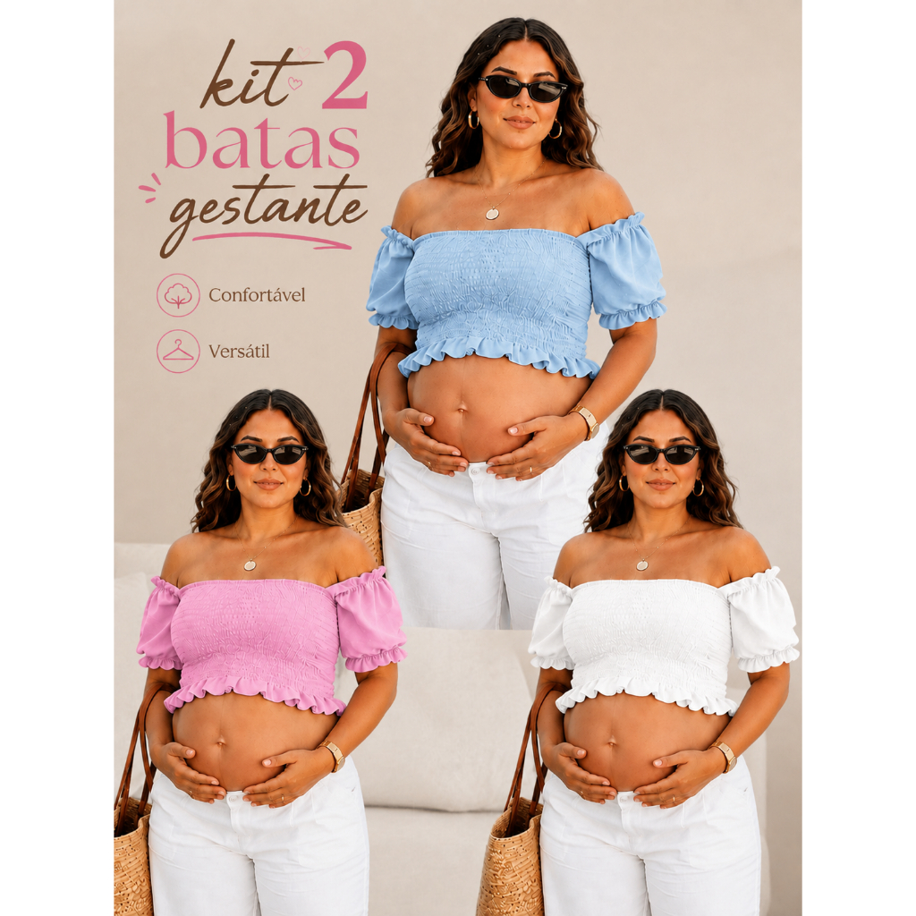 Kit 2 Blusinha Bata Cropped Gestante Casual Lástex Não Aperta a Barriga Confortável Manga Ciganinha Fácil Amamentação