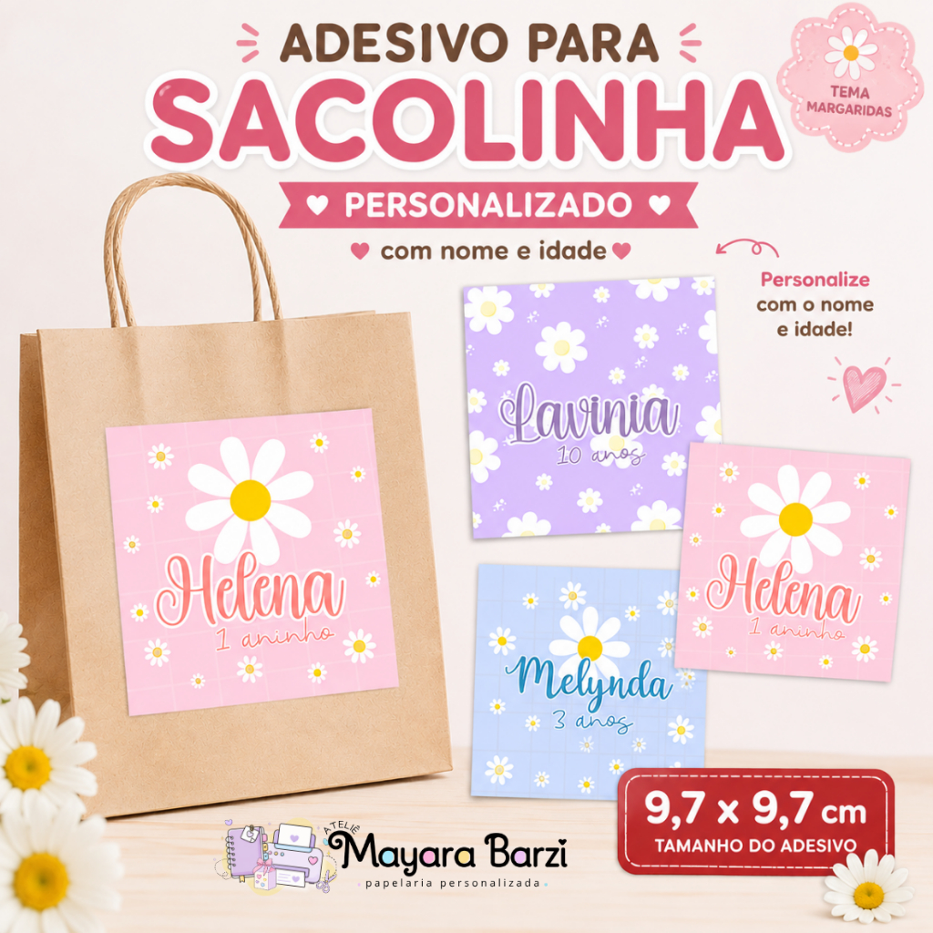 Adesivos para sacolinha de aniversário - 9,7cmx9,7cm - Margaridas - Lembrancinha personalizada