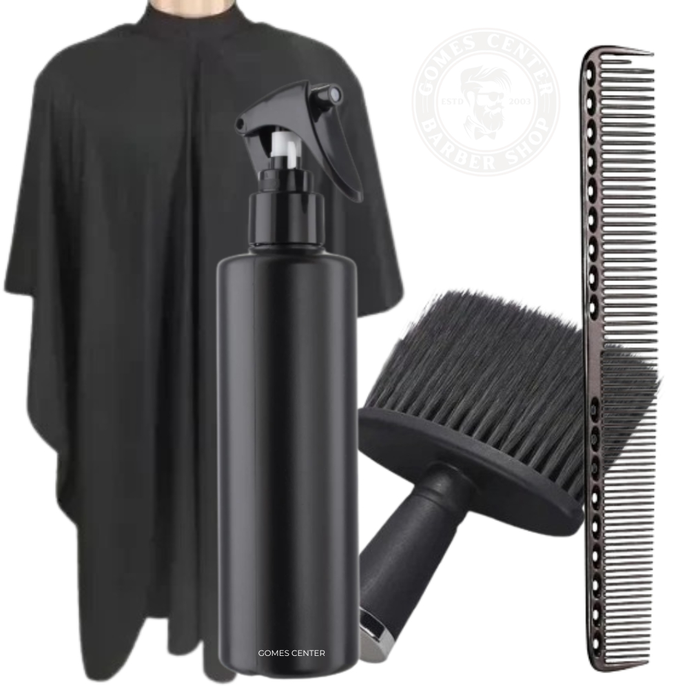 Kit Barbeiro Profissional Completo – Capa de Corte + Borrifador + Espanador Black + Pente Carbono