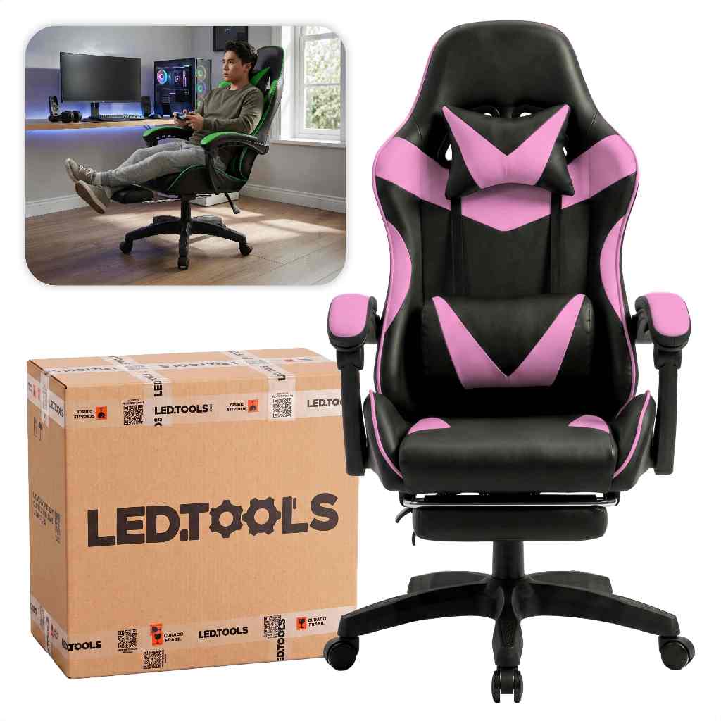 Cadeira Gamer Cor Rosa Ergonômica Reclinável Estofado Couro Sintético Confortáve